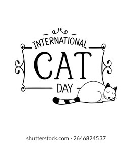 Charming vector illustration of a sleeping cat with ornamental tail and text for International Cat Day, inspired by Scandinavian folk art. Isolated on white background.