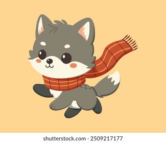 A charming vector illustration of a small, adorable wolf pup wearing a bright red scarf. 