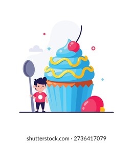 Charming vector illustration of a small child holding a spoon next to an enormous, colorful cupcake, symbolizing joy, sweet indulgence, and childhood fun.