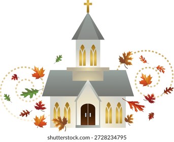 A charming vector illustration of a small church building featuring a Christian cross, surrounded by swirling autumn leaves. This seasonal artwork is ideal for fall or Thanksgiving greetings, church event promotions, harvest festivals, religious materials, and royalty-free clipart or stock design projects.