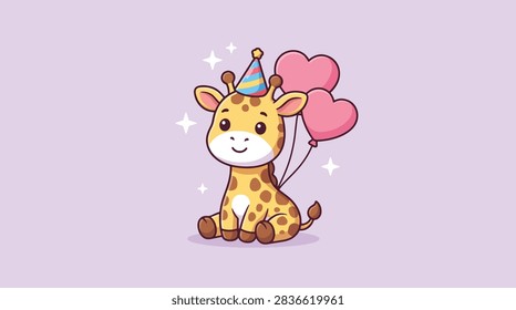 A charming vector illustration of a small giraffe sitting down with a festive party hat and two pink heart balloons on a purple background.