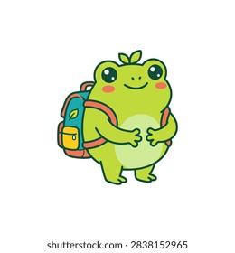 A charming vector illustration of a small green frog carrying a miniature travel backpack.
