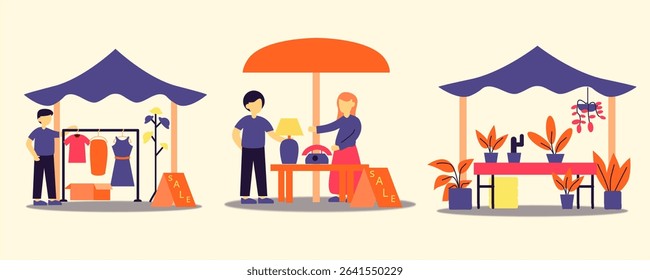 A charming vector illustration of a small market scene with vendors selling food, drinks, and handicrafts under colorful tents. Ideal for lifestyle, tourism, food, and community designs.