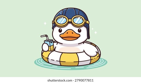 A charming vector illustration of a small white duck wearing a swim cap and goggles relaxing in a yellow striped inflatable ring with a juice box