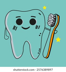 A charming vector illustration of a smiling tooth holding a toothbrush. The character is designed in a cute cartoon style with adorable details such as rosy cheeks, shiny eyes, and a cheerful smile. 