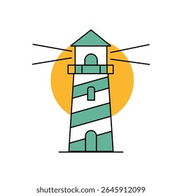 A charming vector illustration of a striped lighthouse in teal and white, emitting red light rays against a warm yellow full moon or sun.