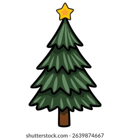 A charming vector illustration of a stylized Christmas tree with a golden star on top, featuring a hand-drawn aesthetic and dark outlines.