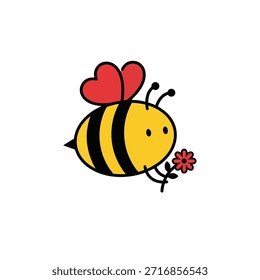 Encantadora Ilustración vectorial de una abeja dulce de dibujos animados con alas en forma de corazón, volando alegremente y llevando una Pequeña flor roja, perfecta para temas alegres y amorosos.