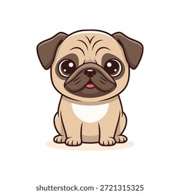 Charmosa ilustração vetorial de um doce filhote de cachorro pug cartoon com grandes olhos expressivos, sentado calmamente com uma expressão amigável. Perfeito para projetos relacionados a animais de estimação, livros infantis ou arte digital.