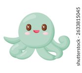 A charming vector illustration of a sweet, smiling octopus in pastel blue-green. It features big, bright eyes and rosy cheeks. Perfect for childrens designs, nursery decor, and ocean themed projects. 