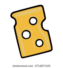 Una encantadora Ilustración vectorial de una rebanada de queso suizo con tres agujeros distintos, con un contorno negro audaz y un gradiente de tonos amarillos cálidos y beige claro, que evoca una sensación de simple deleite.