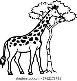 Charming vector illustration of a tall, spotted giraffe standing peacefully next to a stylized tree, rendered with a bold black outline art style suitable for coloring books, educational materials, or children's graphic designs, creating a friendly and engaging scene.