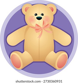 A charming vector illustration of a teddy bear in a flat, cartoon style. The bear is light brown with pink inner ears, footpads, and a pink bow, set against a purple circular background. Ideal for children's artwork, designs, and digital projects.