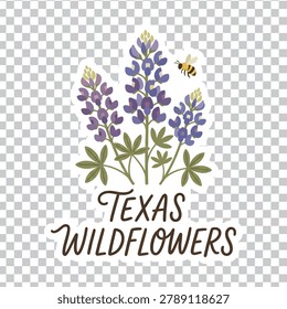 A charming vector illustration of Texas bluebonnet wildflowers with a buzzing bee, designed as a sticker with a white border on a transparent background.