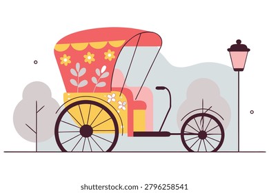 Charming vector illustration of a traditional Asian cycle rickshaw decorated with yellow flowers and floral patterns, parked beside a street lamp. Perfect for travel, tourism, transportation and South Asian culture themes.