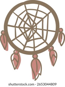 Um vetor encantador ilustração de um sonhador tradicional com um aro marrom, teia intrincada e penas rosa e marrom penduradas. 