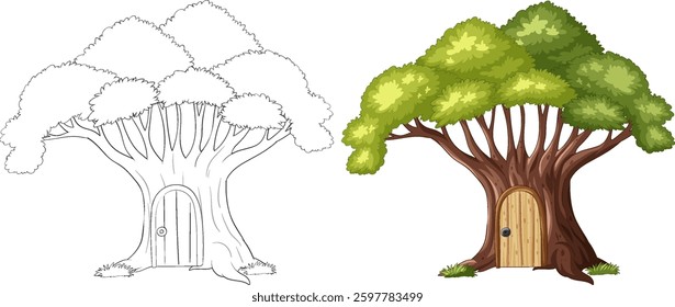 Charming vector illustration of a treehouse with lush green foliage and a wooden door, showcasing detailed line art and vibrant colors