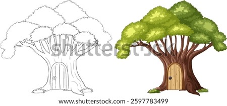 Charming vector illustration of a treehouse with lush green foliage and a wooden door, showcasing detailed line art and vibrant colors