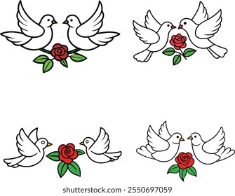 Una encantadora Ilustración vectorial de dos adorables pájaros posados en una rosa floreciente. Perfecta para diseños que celebran el amor, la naturaleza o el romance, esta obra de arte presenta detalles intrincados