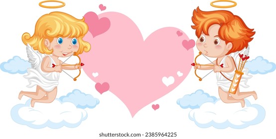 A charming vector illustration of two angels holding a heart arrow with a blank heart banner