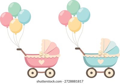 Ilustración vectorial encantadora: dos cochecitos de bebé, rosa y azul, decorados con delicados lazos y corazones. Paquetes de globos en tonos pastel suaves están atados a las asas. La ilustración está hecha en un estilo plano con Formas suaves y un mínimo de sombras, creando una atmósfera ligera y alegre. Es perfecto para hacer invitaciones de baby shower, tarjetas de felicitación, diseño de Sitios web para niños y materiales impresos.