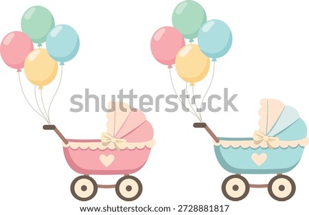 Charming vector illustration: two baby strollers — pink and blue — decorated with delicate bows and hearts. Bundles of balloons in soft pastel shades are tied to the handles. The illustration is made in a flat style with smooth shapes and a minimum of shadows, creating a light and joyful atmosphere. It is perfect for making baby shower invitations, greeting cards, design of children's websites and printed materials.