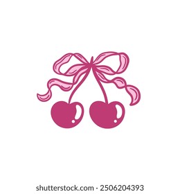 Charming vector illustration of two cherries tied together with a decorative ribbon bow. Hand drawn fruit. Coquette aesthetic.