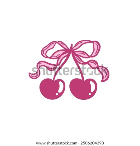Charming vector illustration of two cherries tied together with a decorative ribbon bow. Hand drawn fruit. Coquette aesthetic.