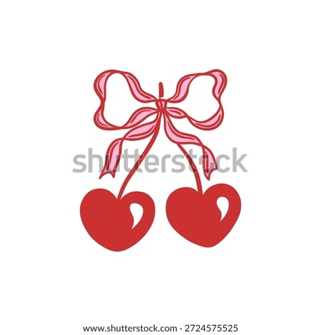Charming vector illustration of two cherries tied together with a decorative ribbon bow. Hand drawn fruit. Coquette aesthetic. Perfect for romantic, sweet, and playful design