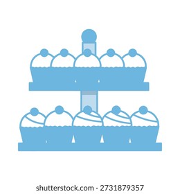 Charmante Vektorgrafik eines zweistufigen Cupcake-Standes mit einer Auswahl an entzückenden Cupcakes, perfekt für Feiern und Partys.