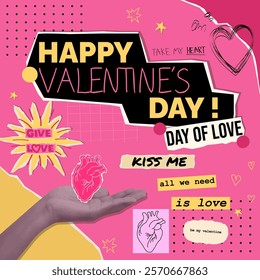 A charming Vector illustration of Valentine's Day elements, showcasing hearts and messages of love in a playful and colorful design, perfect for romantic expressions.