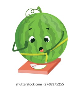 Charming vector illustration of a watermelon on weighing scales. The scene captures a healthy eating and weight management concept.