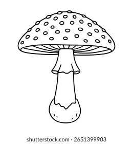 A charming vector illustration of a whimsical amanita mushroom with a dotted cap and a bulbous base, featuring a hand-drawn style and bold outlines.