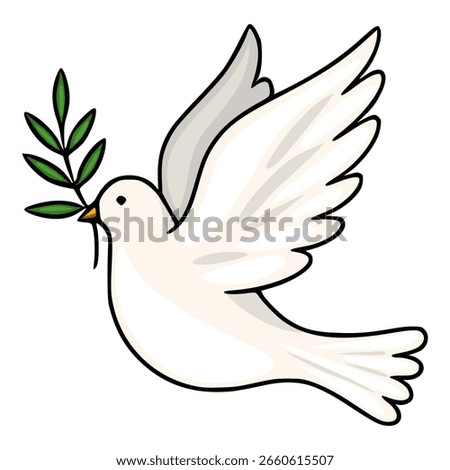 A charming vector illustration of a white dove carrying an olive branch, depicted in a simplistic yet expressive cartoon style, perfect for religious or peace-themed designs.
