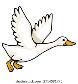 Encantadora Ilustración vectorial de un ganso blanco en pleno vuelo, con sus alas extendidas y los pies palmeados extendidos, mostrando un diseño simple y limpio con contornos audaces y sombras suaves.
