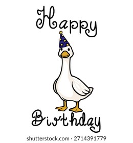 Charmante Vektorgrafik einer weißen Gans, die einen blauen Partyhut mit gelben Sternen trägt und einen Geburtstag mit stilvollem handgeschriebenem Text feiert.