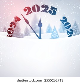 Charming vector illustration of a winter clock countdown transitioning from 2024 to 2025 in a snowy landscape.