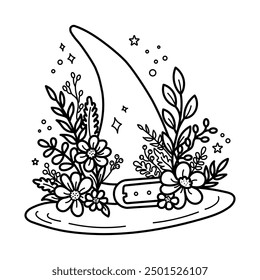 Charming vector illustration of a witch's hat decorated with a variety of flowers, perfect for colouring pages