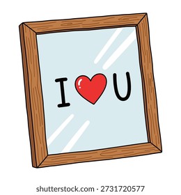 Charmante Vektorgrafik eines Holzrahmens mit dem Text "I ❤️ U" im Inneren, perfekt für romantische Ausdrücke und digitale Kunst.