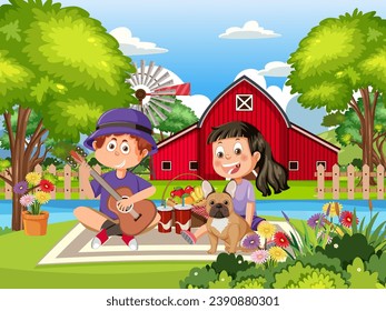A charming vector illustration of a young couple having a picnic in a rural landscape with a river in the foreground