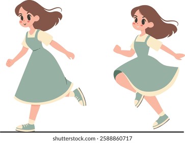 A charming vector illustration of a young girl running, emphasizing motion and joy, set against a minimalistic white background. Perfect for themes of childhood, activity, and cheerful movement