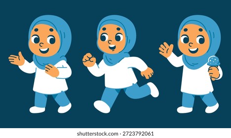 A charming vector illustration of a young Muslim girl in a hijab, depicted in various playful poses, including gesturing, running, and enjoying ice cream.