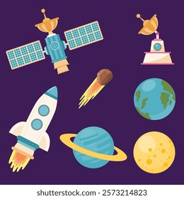 Charming vector illustrations of a cute astronaut boy and girl with planets, rockets, and meteors. Playful and whimsical, perfect for adding a fun, space-themed vibe to your designs