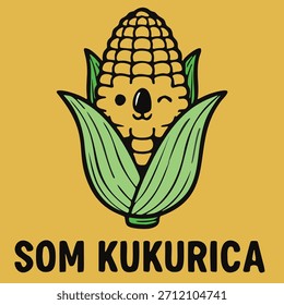 A charming vector line art illustration of a corn cob character with a happy face and large eyes, with the Slovak text 'SOM KUKURICA' (I AM CORN) below