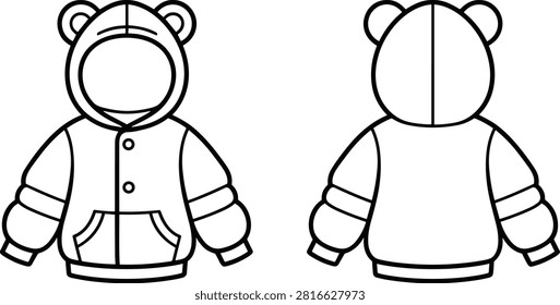 Charming vector outline illustration of a childs hooded sweatshirt featuring delightful bear ears on the hood. Includes detailed front and back views.
