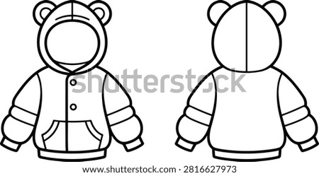 Charming vector outline illustration of a childs hooded sweatshirt featuring delightful bear ears on the hood. Includes detailed front and back views.