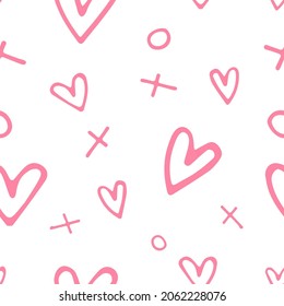 Charming vector pattern. Cute doodles in the form of minimalistic pink hearts, crosses and circles on a white background. The perfect solution for any dreamy ideas