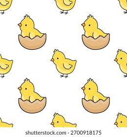 Charming vector pattern featuring adorable yellow chicks hatching from eggshells, perfect for spring and Easter designs.