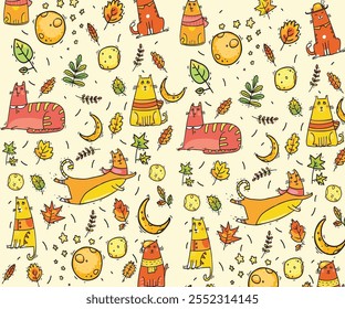 A charming vector pattern featuring cartoon cats, moons and leaves, perfect for creating charming designs. Suitable for fabric prints, wallpapers and cheerful eco-friendly products inspired by nature.