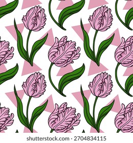 A charming vector pattern featuring delicate pink tulips and vibrant green leaves against a backdrop of soft pink triangles and white space.